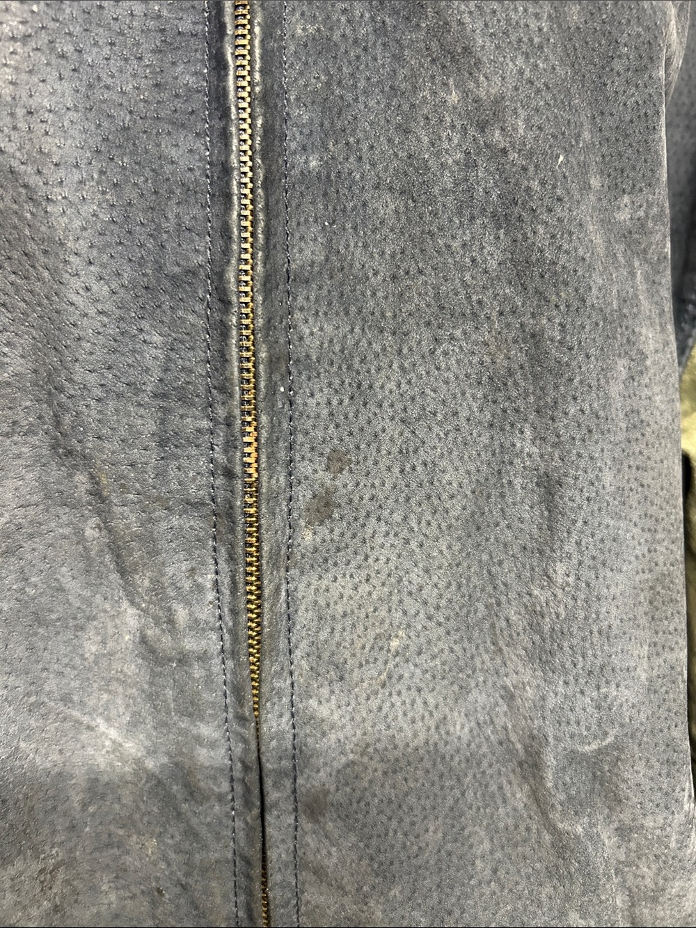 Varsity Two-Tone Suede Bomber Jacket - Navy & Olive medium vintage leather - Picture 6 of 7